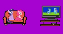 Size: 1080x598 | Tagged: safe, artist:hako33, edit, imported from derpibooru, minty, pinkie pie, twilight sparkle, earth pony, pony, unicorn, g3, g5, misty brightdawn, watching tv