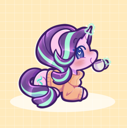 Size: 1849x1874 | Tagged: safe, artist:typhwosion, imported from derpibooru, starlight glimmer, pony, unicorn, chibi, clothes, cup, female, mare, patterned background, solo, sweater, teacup