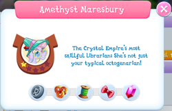 Size: 1194x776 | Tagged: safe, imported from derpibooru, screencap, amethyst maresbury, crystal pony, pony, age, album, bio, bow, coin, crystal, crystal empire, crystal librarian, description, elder, elderly, english, female, g4, game screencap, gameloft, gem, glasses, grin, hat, librarian, lucky coin, lucky coins, mare, mobile game, my little pony: magic princess, name, official, old, skill, smiling, solo, spool, stars, text, twine, wheel, x