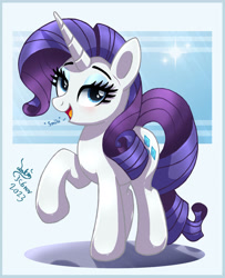 Size: 950x1170 | Tagged: safe, artist:joakaha, imported from derpibooru, rarity, pony, unicorn, blue eyes, curly mane, dialogue, eyebrows, eyelashes, eyeshadow, female, g4, horn, looking at you, makeup, purple mane, raised hoof, solo, unicorn horn