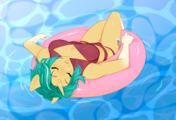 Size: 1171x802 | Tagged: safe, artist:bylullabysoft, imported from derpibooru, oc, oc:depth chaser, anthro, unicorn, breasts, cleavage, clothes, coat markings, eyebrows, eyelashes, eyes closed, floating, futa, green hair, horn, inner tube, intersex, legs together, orange coat, pool toy, relaxed, relaxing, short hair, sleeping, socks (coat markings), solo, swimsuit, unicorn horn, water