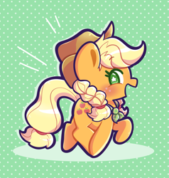 Size: 1863x1959 | Tagged: safe, artist:typhwosion, imported from derpibooru, applejack, earth pony, pony, blushing, braid, braided pigtails, chibi, g4, open mouth, open smile, patterned background, pigtails, smiling, solo, starry eyes, wingding eyes