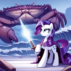 Size: 1024x1024 | Tagged: safe, imported from derpibooru, rarity, crab, giant crab, ai content, ai generated, fierce, generator:dall-e 3, ocean, rarity fighting a giant crab, sword, water, weapon