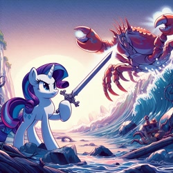 Size: 1024x1024 | Tagged: safe, imported from derpibooru, rarity, crab, giant crab, ai content, ai generated, fierce, generator:dall-e 3, ocean, rarity fighting a giant crab, sword, water, weapon