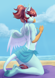 Size: 2048x2900 | Tagged: safe, alternate version, artist:nika-rain, imported from derpibooru, oc, anthro, hippogriff, beach, beautiful, commission, cute, female, hippogriff oc, solo, ych result, your character here