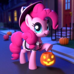 Size: 1024x1024 | Tagged: safe, imported from derpibooru, pinkie pie, earth pony, ai content, ai generated, clothes, costume, female, halloween, halloween costume, holiday, prompter:pinkiepiepics, pumpkin, pumpkin bucket, solo