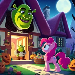 Size: 1024x1024 | Tagged: safe, imported from derpibooru, pinkie pie, earth pony, ogre, pony, ai content, ai generated, basket, dreamworks, female, halloween, holiday, house, male, night, prompter:pinkiepiepics, pumpkin, shrek, trick or treat