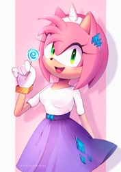 Size: 1414x2000 | Tagged: safe, artist:ritadrawings, imported from derpibooru, rarity, anthro, hedgehog, equestria girls, amy rose, candy, clothes, clothes swap, cosplay, costume, crossover, cute, food, gloves, hairband, lollipop, no pony, open mouth, rarity's clothes, shirt, skirt, solo, sonic the hedgehog (series)