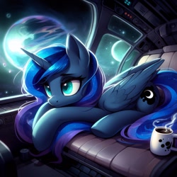 Size: 1024x1024 | Tagged: safe, imported from derpibooru, princess luna, alicorn, pony, ai content, ai generated, drink, ethereal mane, ethereal tail, female, lying down, mare, mug, planet, solo, space, spaceship, tail