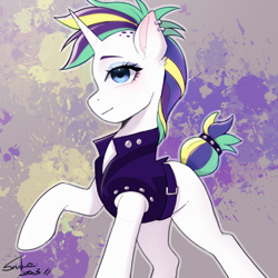 Size: 2048x2048 | Tagged: safe, artist:xiaowu07, imported from derpibooru, rarity, pony, unicorn, it isn't the mane thing about you, alternate hairstyle, clothes, female, looking at you, mare, punk, raripunk, smiling, solo
