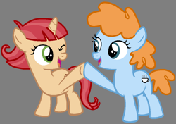 Size: 930x654 | Tagged: safe, artist:star polaris and friends, derpibooru exclusive, imported from derpibooru, ginger tea, pixy canela, earth pony, pony, base used, cute, duo, female, filly, filly pixy canela, foal, gingerbetes, gray background, hoofbump, older ginger tea, one eye closed, pixybetes, simple background, smiling, wink