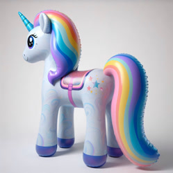 Size: 1343x1348 | Tagged: safe, imported from derpibooru, inflatable pony, pony, unicorn, ai content, ai generated, inflatable, saddle, tack