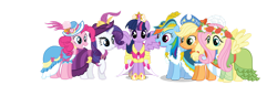 Size: 1280x446 | Tagged: safe, artist:sibillo, imported from derpibooru, applejack, fluttershy, pinkie pie, rainbow dash, rarity, twilight sparkle, alicorn, magical mystery cure, clothes, coronation dress, dress, floral head wreath, flower, hat, mane six, spread wings, twilight sparkle (alicorn), vector, wings