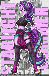 Size: 792x1224 | Tagged: safe, artist:inkkeystudios, imported from derpibooru, starlight glimmer, anthro, plantigrade anthro, unicorn, friendship is magic, choker, clothes, ear piercing, edgy, emo, eye clipping through hair, eyebrows, eyebrows visible through hair, fingerless gloves, g4, gameloft, garter, gloves, goth, hairclip, hand on hip, looking at you, midriff, my little pony, piercing, punk, shoes, shorts, skindentation, sneakers, socks, spiked choker, spiked wristband, stockings, thigh highs, torn clothes, unamused, wristband