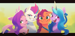 Size: 1809x883 | Tagged: safe, artist:ningukt, artist:うかた, imported from derpibooru, izzy moonbow, pipp petals, sunny starscout, zipp storm, earth pony, pegasus, pony, unicorn, adorapipp, adorazipp, cute, female, females only, g5, group, izzybetes, mare, royal sisters (g5), siblings, sisters, sunnybetes