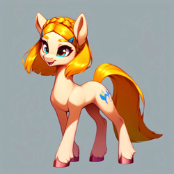 Size: 3072x3072 | Tagged: safe, imported from derpibooru, earth pony, pony, ai content, ai generated, female, full body, generator:purplesmart.ai, generator:stable diffusion, gray background, hooves, mare, open mouth, ponified, princess zelda, simple background, solo, the legend of zelda