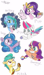 Size: 5400x9196 | Tagged: safe, artist:tiga mega, imported from derpibooru, hitch trailblazer, izzy moonbow, pipp petals, sunny starscout, zipp storm, earth pony, pegasus, pony, unicorn, female, g5, group, male, mane stripe sunny, mare, misty brightdawn, simple background, stallion, traditional art, white background