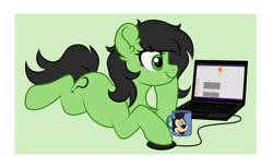 Size: 5100x3120 | Tagged: safe, artist:grelka, artist:vetta, imported from derpibooru, oc, oc:anon, oc:filly anon, earth pony, pony, 2ch, collaboration, computer, computer mouse, female, filly, laptop computer, mickey mouse, mug, solo