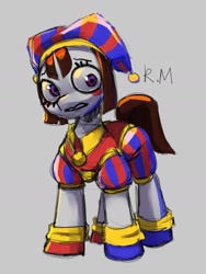 Size: 1299x1724 | Tagged: safe, artist:sugarpersonlove, imported from derpibooru, earth pony, pony, female, gray background, hat, jester, jester hat, mare, pomni, ponified, simple background, solo, the amazing digital circus