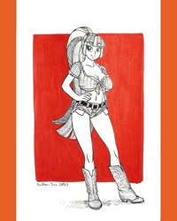 Size: 1080x1350 | Tagged: safe, artist:brother-tico, imported from derpibooru, sonata dusk, human, belly button, big breasts, boots, breasts, busty sonata dusk, cleavage, clothes, daisy dukes, denim, denim shorts, eyebrows, eyebrows visible through hair, female, front knot midriff, huevember, humanized, midriff, shoes, shorts, smiling, solo, traditional art