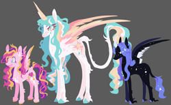 Size: 2048x1263 | Tagged: safe, artist:spaceboycelebration, imported from derpibooru, princess cadance, princess celestia, princess luna, alicorn, pony, alternate design, alternate hairstyle, alternate universe, gray background, leonine tail, redesign, simple background, tail, trio