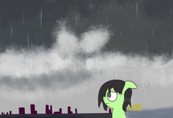 Size: 1600x1092 | Tagged: safe, artist:wanda, imported from derpibooru, oc, oc:filly anon, earth pony, pony, city, cloud, female, filly, lighthouse, ocean, rain, solo, water, wet