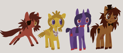 Size: 1432x619 | Tagged: safe, artist:spaceboycelebration, imported from derpibooru, earth pony, pegasus, pony, unicorn, alternate universe, bonnie (fnaf), chica, crossover, five nights at freddy's, foxy, freddy fazbear, gray background, group, ponified, quartet, simple background