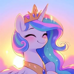 Size: 1024x1024 | Tagged: safe, imported from derpibooru, princess celestia, alicorn, pony, ai content, ai generated, blushing, crown, cute, cutelestia, female, g4, generator:dall-e 3, jewelry, mare, prompter:k.r.e.d.k.e, regalia, smiling, solo, weapons-grade cute