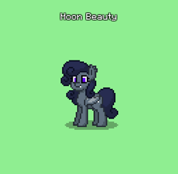 Size: 390x382 | Tagged: safe, imported from derpibooru, oc, oc only, oc:moon beauty, bat pony, pony, pony town, bat pony oc, bat wings, blue mane, blue tail, do not steal, female, gray fur, green background, mare, original character do not steal, simple background, tail, wings