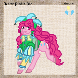 Size: 894x893 | Tagged: safe, artist:pinlrose, imported from derpibooru, pinkie pie, earth pony, clothes, costume, female, jester, medieval, solo