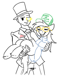 Size: 461x599 | Tagged: safe, artist:jargon scott, imported from derpibooru, oc, oc only, oc:anon, oc:jargon scott, earth pony, human, pony, cap, clothes, duo, duo male and female, female, glasses, grin, hat, holding a pony, male, mare, monocle, partial color, rule 63, simple background, smiling, stallion, suit, top hat, trucker hat, white background