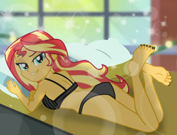 Size: 7536x5760 | Tagged: safe, artist:emeraldblast63, imported from derpibooru, sunset shimmer, human, equestria girls, ass, bed, black nail polish, bra, butt, clothes, g4, looking at you, nail polish, panties, pillow, solo, stupid sexy sunset shimmer, the pose, toenail polish, underwear