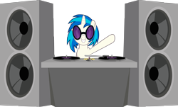 Size: 9999x6030 | Tagged: safe, artist:sirhcx, imported from derpibooru, dj pon-3, vinyl scratch, pony, unicorn, absurd resolution, g4, simple background, smiling, solo, speaker, transparent background, turntable, vector