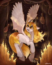 Size: 1732x2128 | Tagged: safe, artist:anotheronetry, imported from derpibooru, oc, oc:maddy, dragon, pegasus, pony, big eyes, blonde, blonde hair, blonde tail, candle, candlelight, dragon horns, dragon wings, dragoness, feathered wings, female, female oc, fire, horns, mid-transformation, open mouth, solo, spread wings, story included, tail, transformation, white coat, wings, yellow eyes