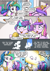 Size: 2171x3070 | Tagged: safe, artist:mysticalpha, imported from derpibooru, princess cadance, princess celestia, princess flurry heart, alicorn, pony, comic:day in the lives of the royal sisters, baby, baby pony, blast, comic, crown, dialogue, female, filly, flurry heart ruins everything, foal, g4, glowing, glowing horn, high res, horn, jewelry, magic, magic blast, mare, meme, onomatopoeia, regalia, sound effects, speech bubble, teary eyes, trio