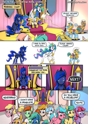 Size: 2171x3070 | Tagged: safe, artist:mysticalpha, imported from derpibooru, princess celestia, princess luna, alicorn, earth pony, pegasus, pony, unicorn, comic:day in the lives of the royal sisters, comic, dialogue, female, g4, high res, leaving, levitation, magic, male, mare, royal guard, scroll, sitting, speech bubble, stallion, telekinesis, throne, throne room, traditional royal canterlot voice