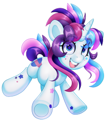 Size: 1631x1904 | Tagged: safe, artist:partypievt, imported from derpibooru, oc, oc only, oc:party pie, pony, unicorn, body markings, eyebrows, eyebrows visible through hair, eyelashes, facial markings, female, frog (hoof), high res, in air, jumping, looking at you, mare, ponytail, simple background, solo, transparent background, underhoof