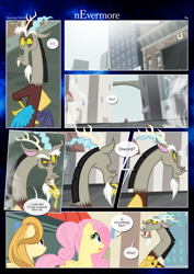 Size: 3259x4607 | Tagged: safe, artist:estories, imported from derpibooru, discord, fluttershy, oc, oc:alice goldenfeather, draconequus, pegasus, pony, comic:nevermore