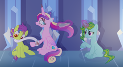 Size: 2200x1200 | Tagged: safe, artist:xnaturalblue, imported from derpibooru, princess cadance, oc, alicorn, pegasus, pony, undead, unicorn, zombie, zombie pony, apocalypse, bandage, blank flank, blind, blind eye, brushing, brushing mane, crystal empire, fanfic, fanfic art, freckles, horn, injured, looking at someone, magic, messy hair, messy mane, mismatched eyes, pegasus oc, stitches, telekinesis, unicorn oc, wings