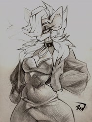 Size: 1536x2048 | Tagged: safe, artist:tlen borowski, imported from derpibooru, oc, oc only, oc:tlen borowski, anthro, breasts, cigarette, cigarette smoke, cleavage, clothes, collar, collar ring, dress, ear piercing, hair over one eye, hands in pocket, jacket, notched eyebrow, piercing, smoking, solo