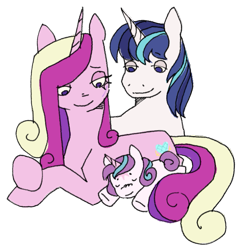 Size: 705x735 | Tagged: safe, artist:emptygoldstudio, imported from derpibooru, princess cadance, princess flurry heart, shining armor, pony, unicorn, baby, baby pony, family, female, filly, foal, lidded eyes, lying down, male, mare, prone, race swap, ship:shiningcadance, shipping, simple background, smiling, stallion, straight, transparent background, trio, unicorn cadance, unicorn flurry heart