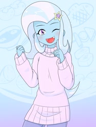 Size: 1536x2048 | Tagged: safe, artist:batipin, imported from derpibooru, trixie, equestria girls, blushing, clothes, one eye closed, open mouth, solo, sweater