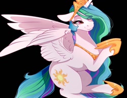 Size: 1396x1080 | Tagged: safe, artist:symphstudio, imported from derpibooru, princess celestia, alicorn, pony, black background, crown, eye clipping through hair, eyebrows, eyebrows visible through hair, female, floppy ears, hoof shoes, jewelry, lidded eyes, mare, peytral, regalia, simple background, smiling, solo