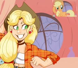 Size: 1187x1028 | Tagged: safe, artist:kat4nadepap3l, imported from derpibooru, applejack, earth pony, human, pony, look before you sleep, female, grin, humanized, mare, scene interpretation, screencap reference, smiling, solo