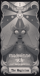 Size: 2500x4710 | Tagged: safe, artist:madelinne, imported from derpibooru, oc, unicorn, book, commission, horn, magic, sketch, solo, tarot, tarot card, unicorn oc, your character here