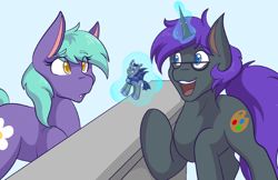 Size: 1280x829 | Tagged: safe, artist:mscolorsplash, imported from derpibooru, oc, oc only, earth pony, pony, unicorn, commission, duo, duo male and female, eye clipping through hair, eyebrows, eyebrows visible through hair, female, figurine, glasses, levitation, looking at something, magic, male, mare, night guard, open mouth, open smile, smiling, stallion, telekinesis