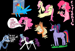 Size: 2548x1740 | Tagged: safe, artist:corywoz001, imported from derpibooru, applejack, fluttershy, pinkie pie, rainbow dash, rarity, trixie, twilight sparkle, earth pony, pegasus, pony, unicorn, black background, cupcake, dialogue, faic, food, glowing, glowing horn, horn, mane six, mp3 player, simple background, speech bubble, vulgar