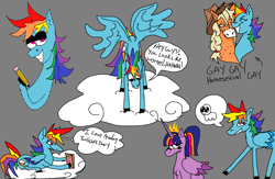 Size: 1224x796 | Tagged: safe, artist:corywoz001, imported from derpibooru, applejack, rainbow dash, twilight sparkle, alicorn, earth pony, pegasus, pony, cloud, crown, dialogue, diary, female, gray background, grin, jewelry, lesbian, lidded eyes, looking down, mare, pencil, readin, regalia, ship:appledash, shipping, simple background, smiling, speech bubble, thought bubble, twilight sparkle (alicorn)