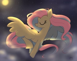 Size: 2048x1623 | Tagged: safe, artist:petaltwinkle, imported from derpibooru, fluttershy, pegasus, pony, cloud, eyes closed, female, flying, full moon, mare, moon, night, smiling, solo, spread wings, turned head, wings