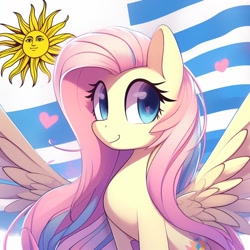 Size: 1024x1024 | Tagged: safe, imported from derpibooru, fluttershy, pegasus, ai content, ai generated, country, flag, g4, generator:bing image creator, heart, pink hair, simple background, solo, uruguay